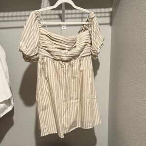 Abercrombie & Fitch Ruched Tan and White Puff Sleeve Mini Dress with Scort